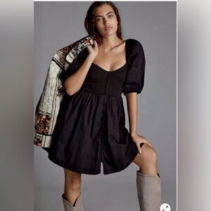 ANTHROPOLOGIE Maeve Puff-Sleeved Sweetheart Mini dress Size L BLACK